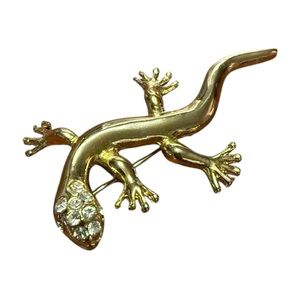 Gold Color and Crystal Gecko Brooch